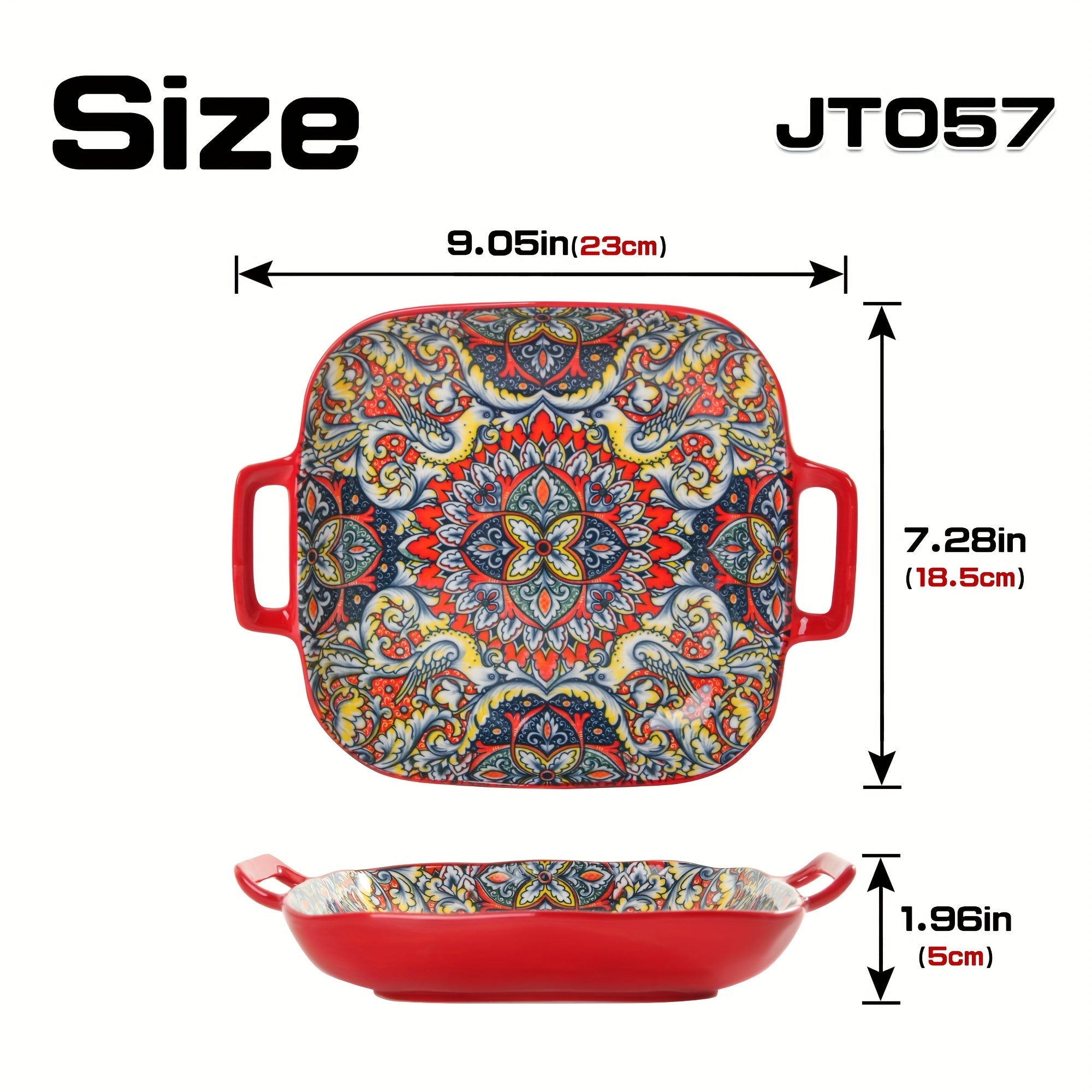 Square Ceramic Serving Tray with Floral Design and Double Handles