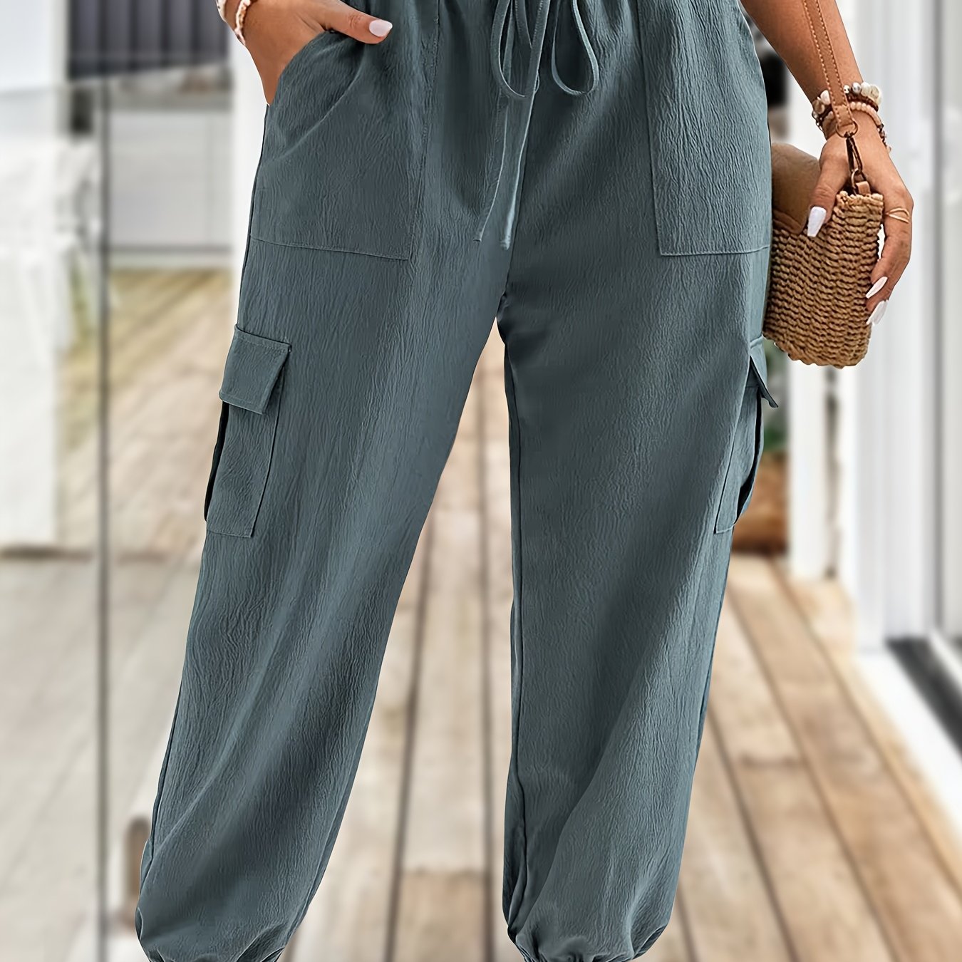 Plus-Size Women's Cargo Pants Soft Non-Stretch Fabric Elastic Waist Autumn Trousers