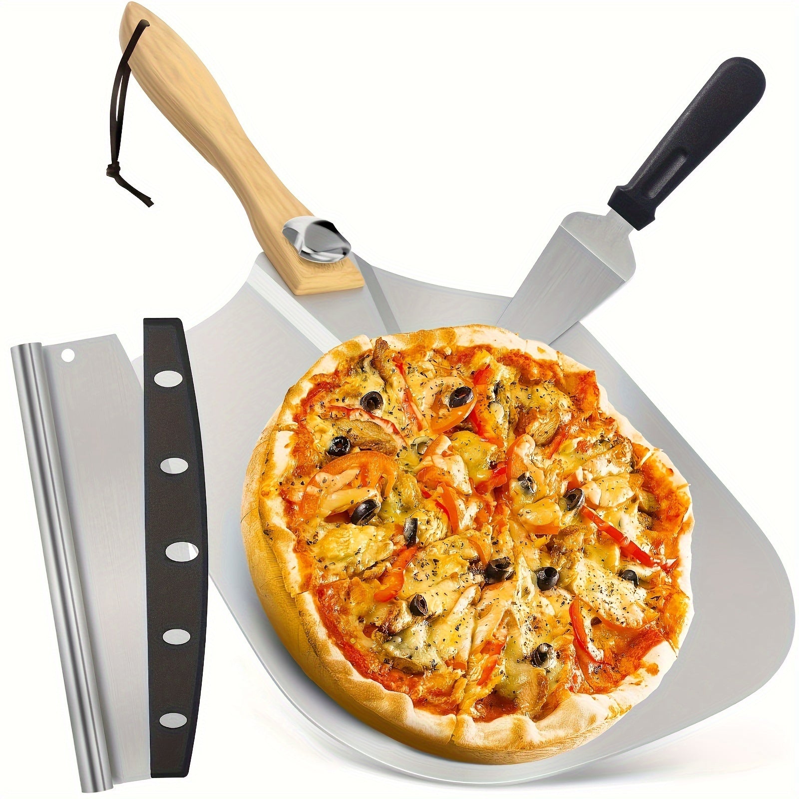 Metal Pizza Peel Set with Wooden Handle 30.48x35.56 cm Foldable Dough Scraper