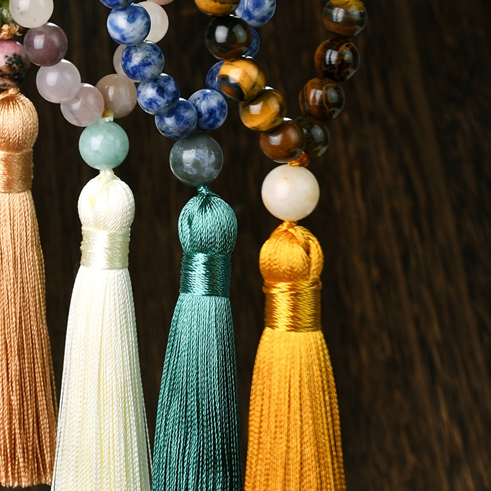 Vintage sviter zanjiri tabiiy tosh marjonlari va tassel pandenti bilan, tasodifiy kiyimlar uchun yoki Rojdestvo va Thanksgiving paytida sovg'a berish uchun mukammal. Ushbu Mala aksessuar Boho-Chic uslubini taratadi.