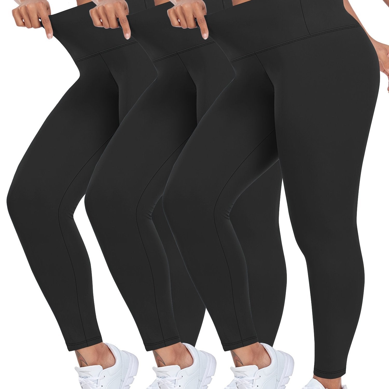 Leggings de talla grande de cintura alta de color sólido, pack de 3