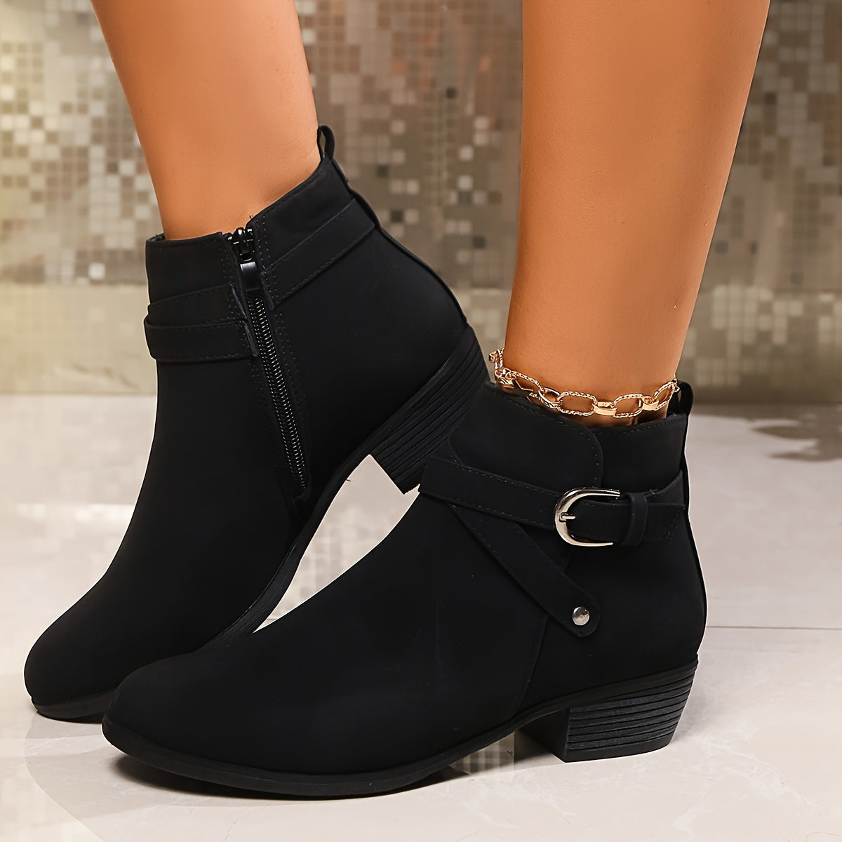Women's Gray Ankle Boots with Buckle Straps Pointed Toe Chunky Heel