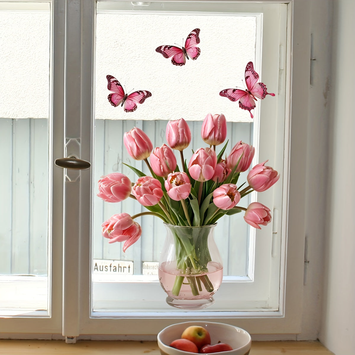 Pink Tulip Butterfly Window Stickers Floral Pattern Reusable Static Cling