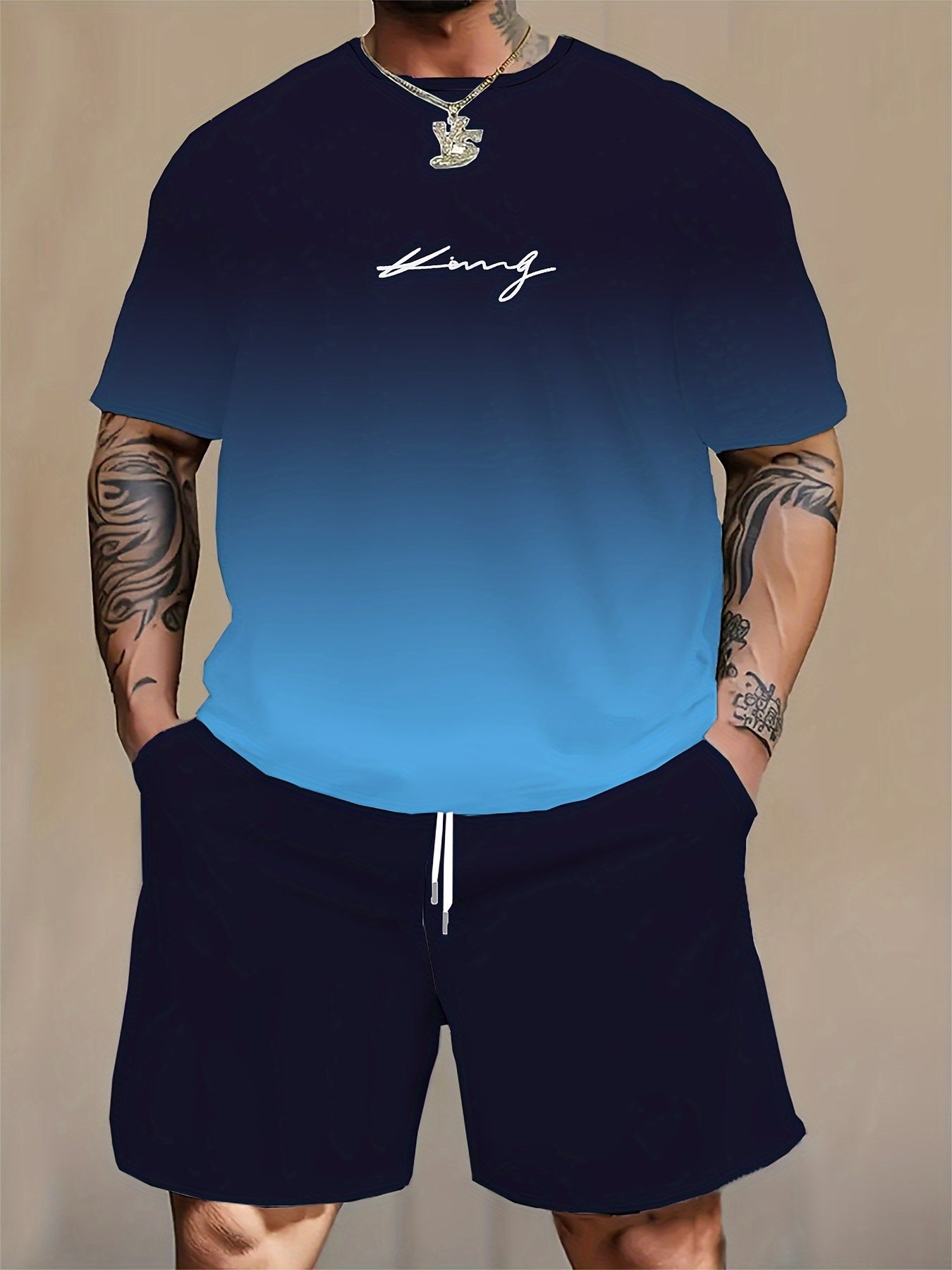 Plus Size Men's Gradient Color Print T-Shirt and Shorts Set Summer Casual