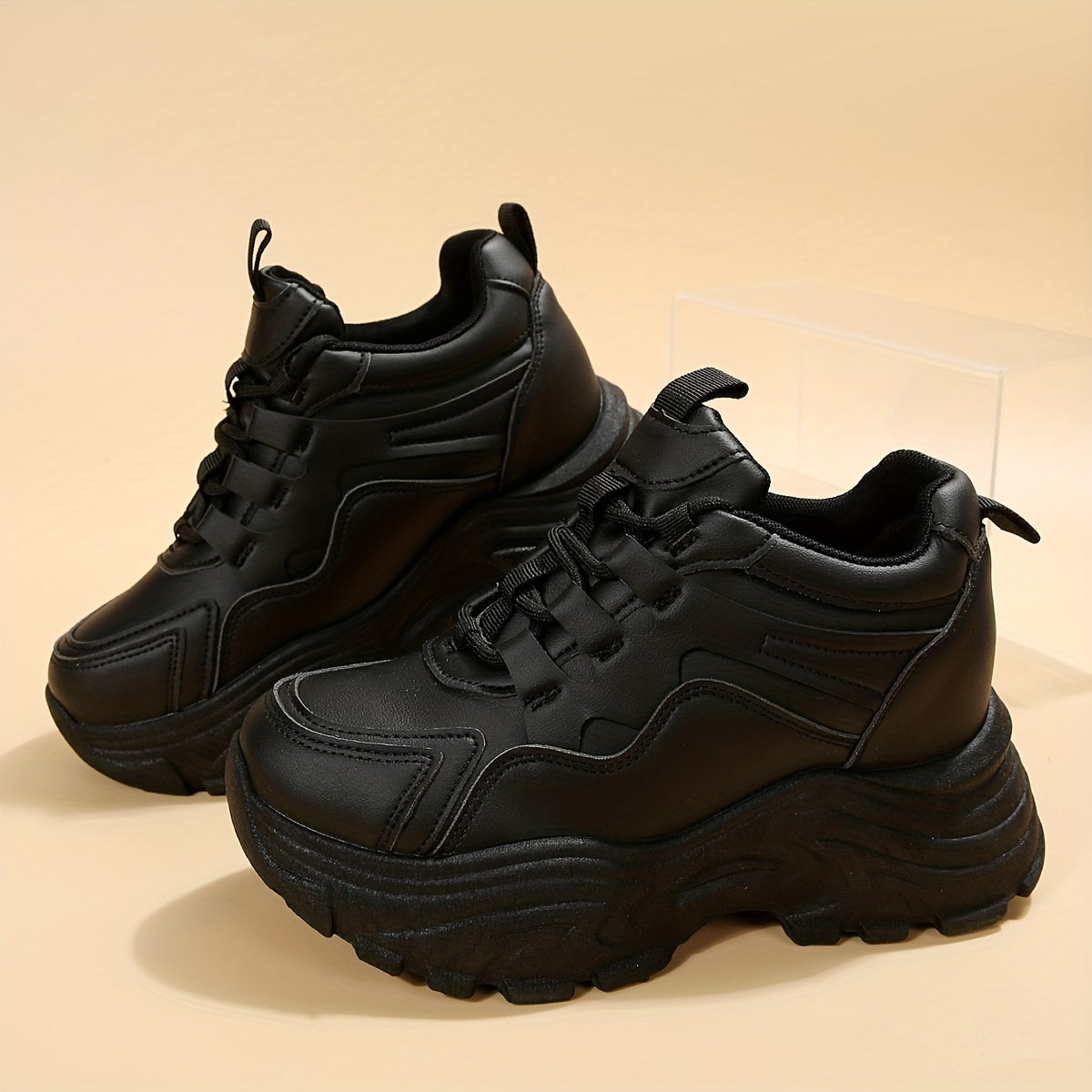 Women's White Platform Sneakers Casual Lace-Up Thick Sole All-Season
