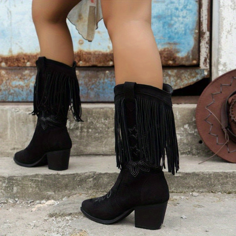 Women’s Pointed Toe Fringe Western Cowboy Boots Fabric With Rubber Sole