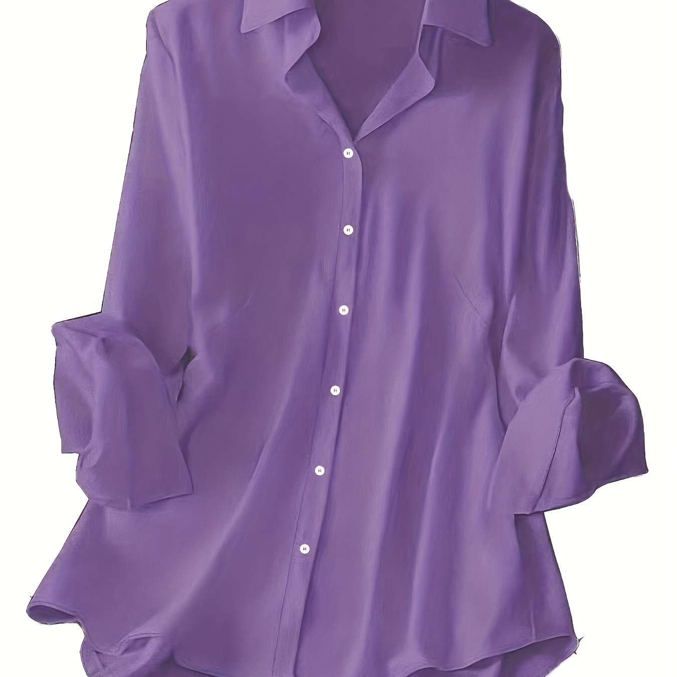 Women's Plus Size Satin-Like Purple Button-Up Shirt Long Sleeve Casual Elegant