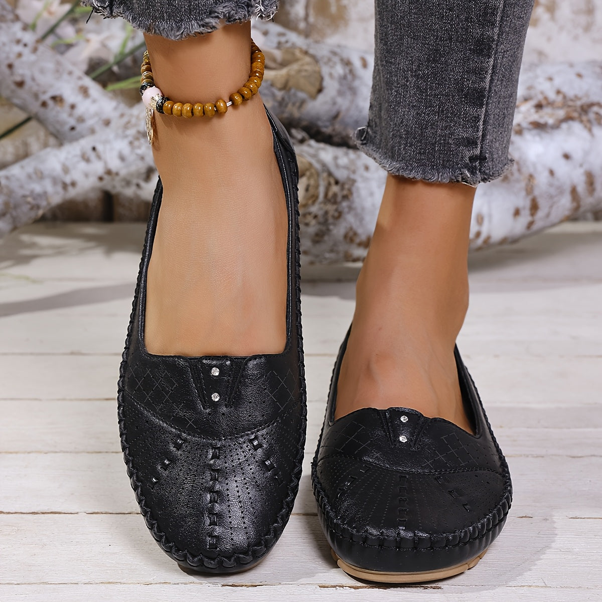 Plus Size Women's Slip-On Rhinestone Ballet Flats Breathable PU Round Toe