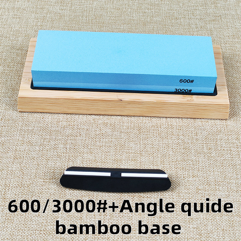 Juego de afilado de cuchillos con piedra de afilar de 2 etapas, base de bambú y guía de mango de madera