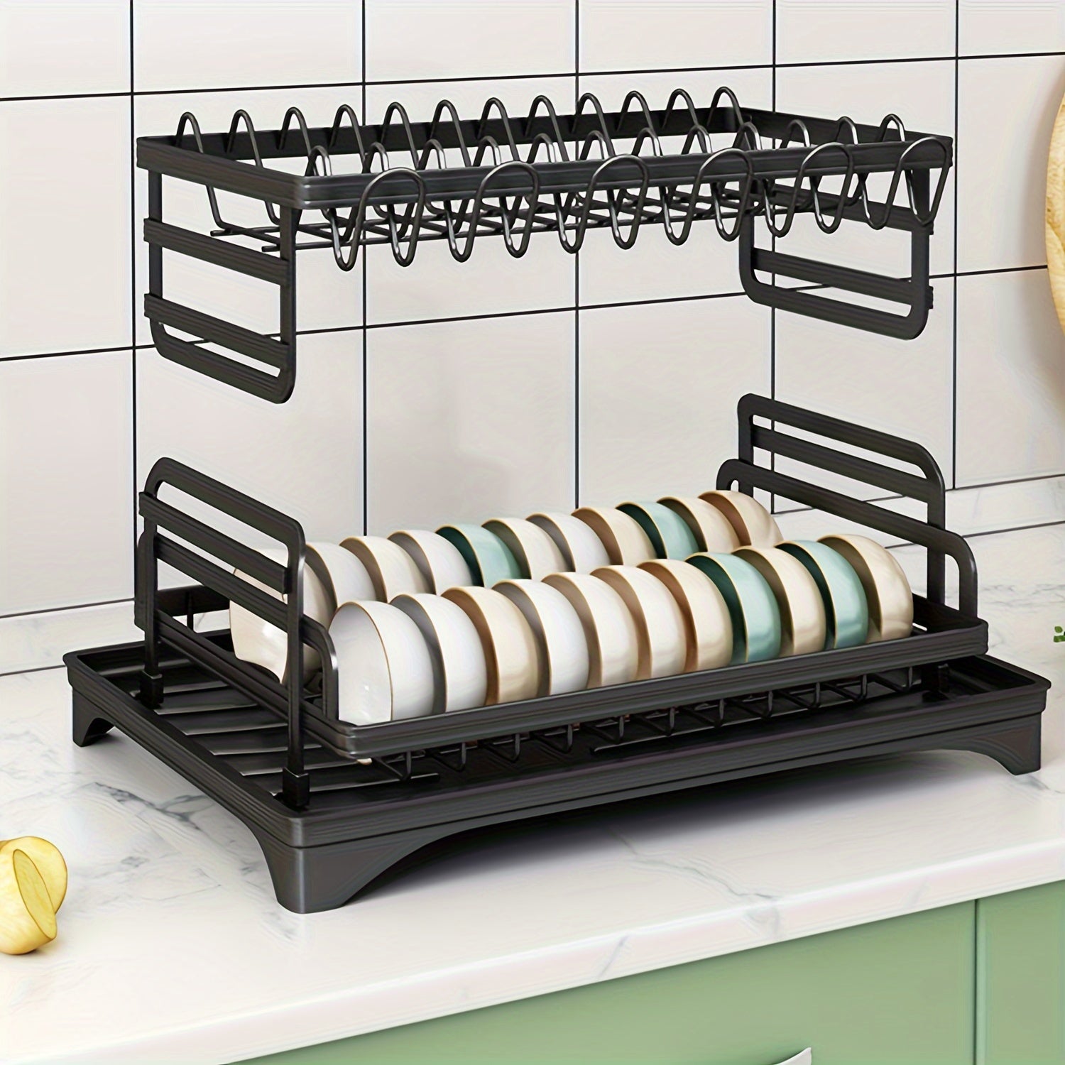2-Tier Iron Dish Drying Rack with Drainboard Cutlery Holder and Glass Shelf