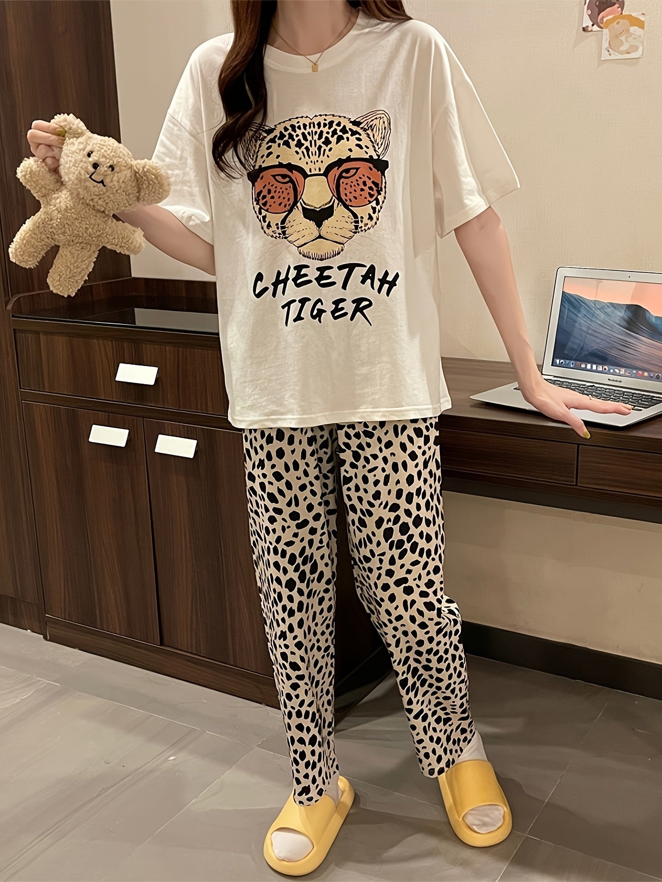 Women’s Leopard Print Pajama Set with Letter Print Short Sleeve Top and Long Pants