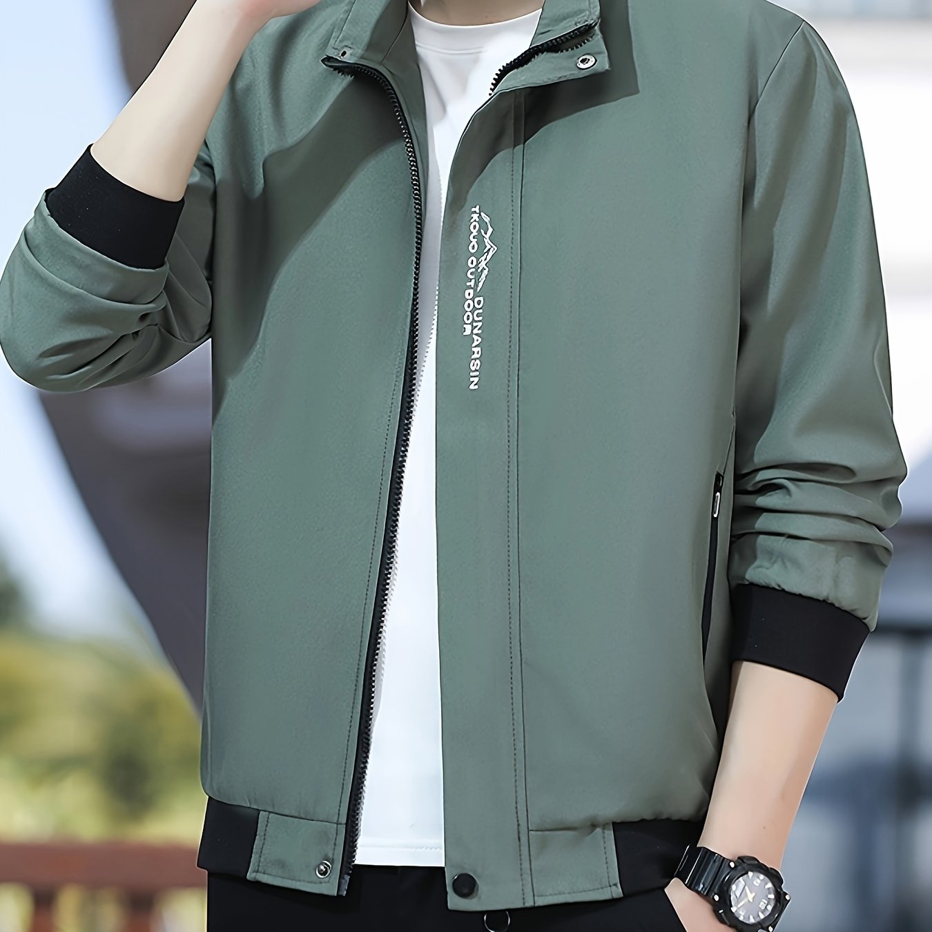 Men's Casual Zip-Up Jacket with Stand Collar Long Sleeve Fall Winter Polyester