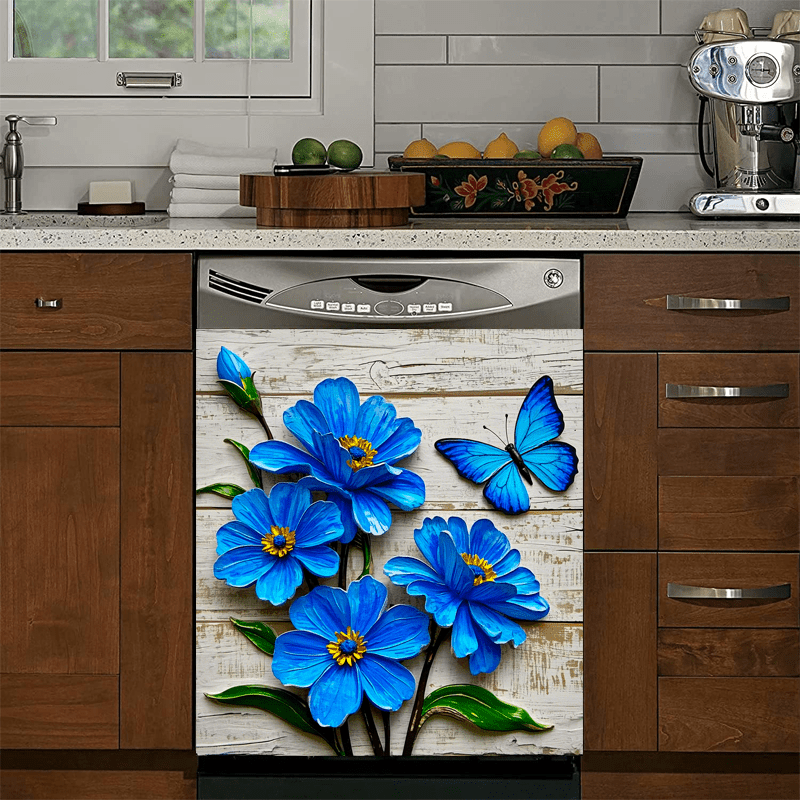 Blue Floral Butterfly Waterproof Vinyl Decal Sticker for Kitchen Appliances