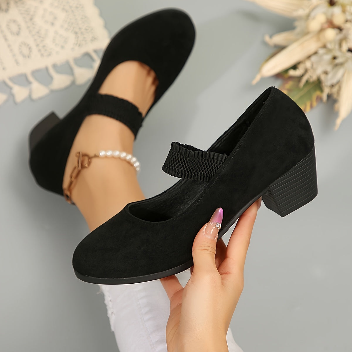 Women's Plus Size Chunky Heel Pumps Black Slip-On Comfort Shoes