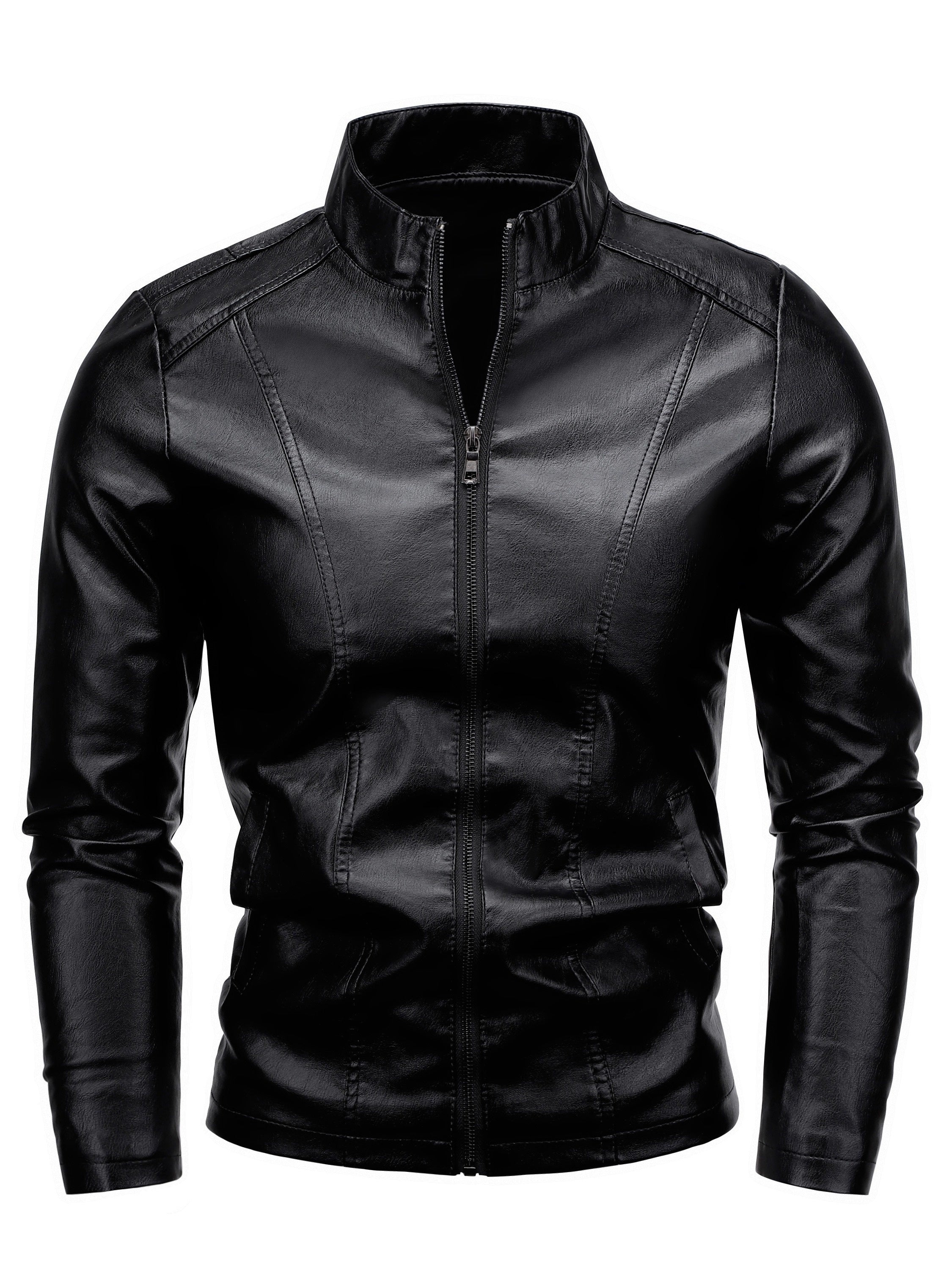 Men's Casual Woven Polyurethane Jacket with Stand Collar Zipper Pockets
