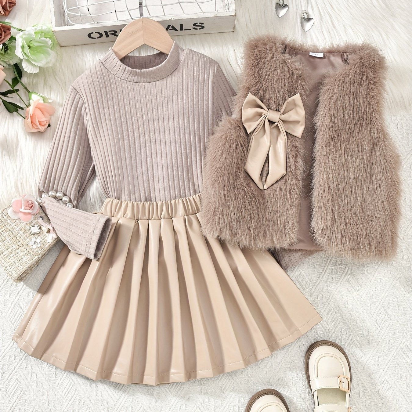 Girls' Knit Set with Mock Neck Top, Pleated Skirt, Furry Bow Vest for Fall Winter