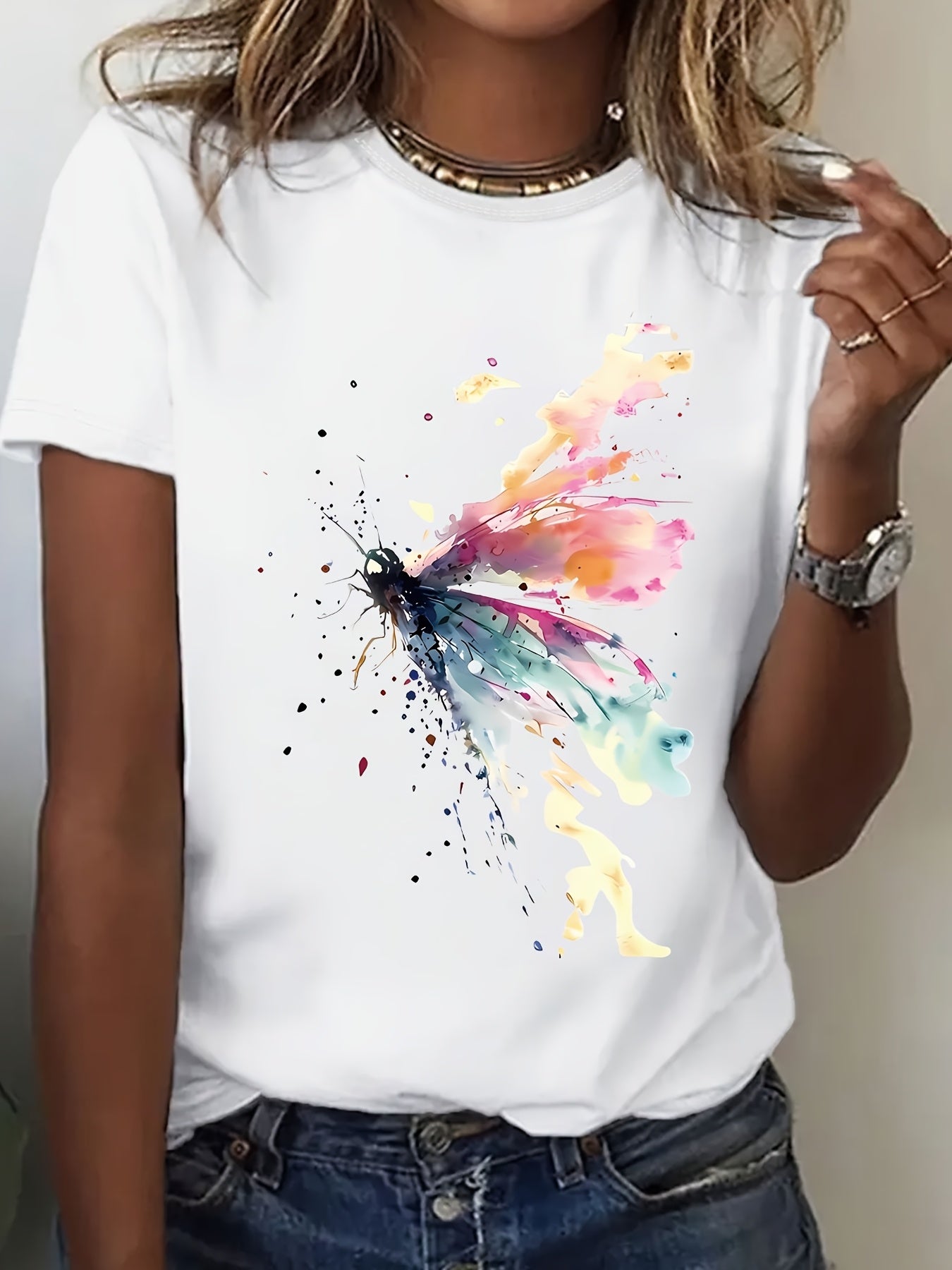 Plus Size Butterfly Print T-Shirt Casual Short Sleeve Crew Neck Top for Summer