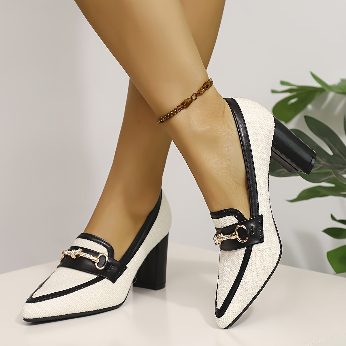 Women's White Black Mary Jane Pumps with Chunky Heel and Gold Chain Strap