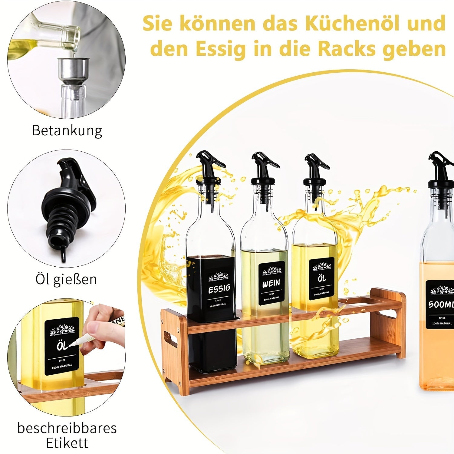 Set of 4 Oil and Vinegar Bottles with Bamboo Rack, 500ml Glass Canisters