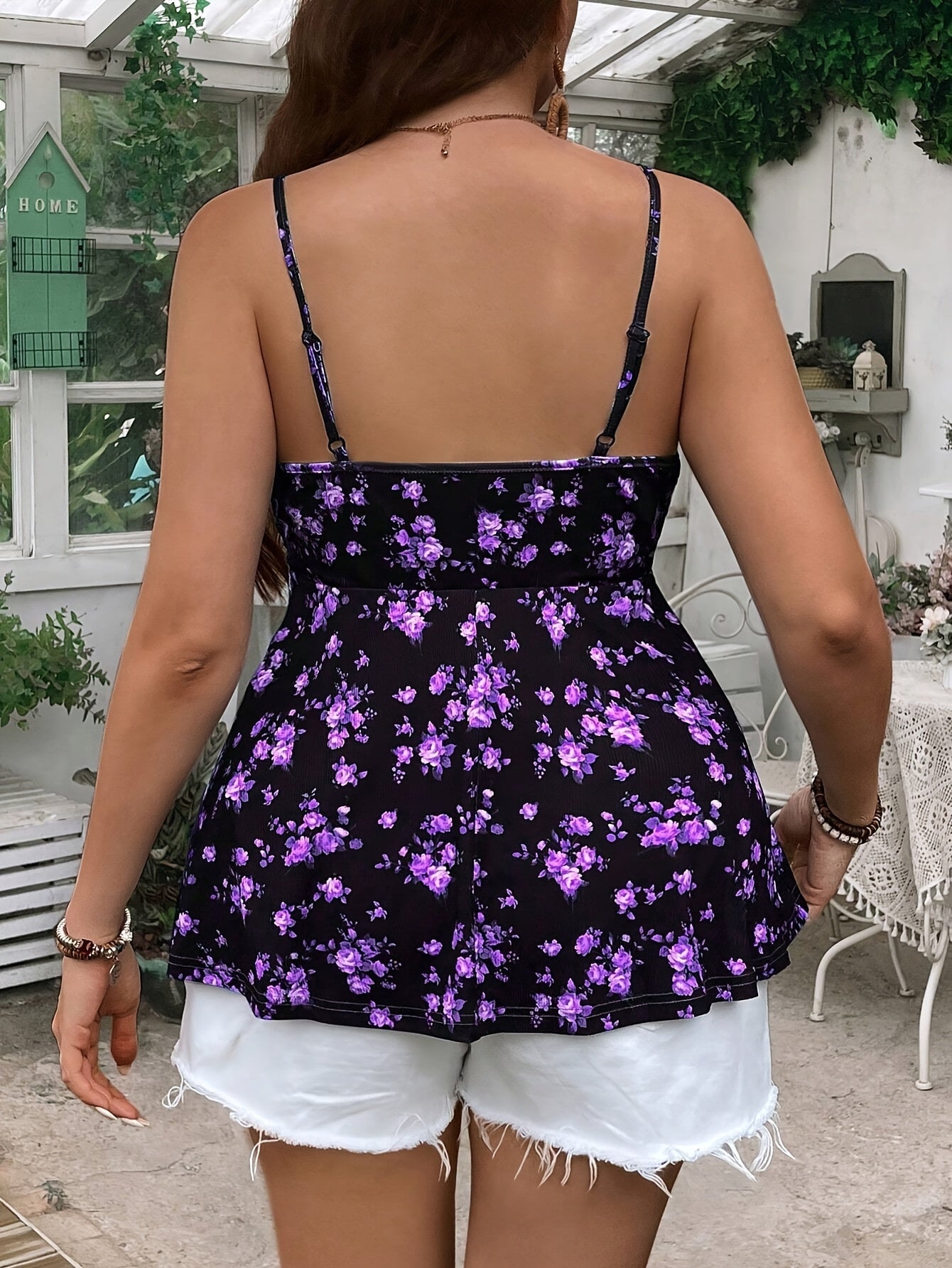 Plus Size Women's Floral Print Spaghetti Strap Top Off Shoulder Ruching Summer