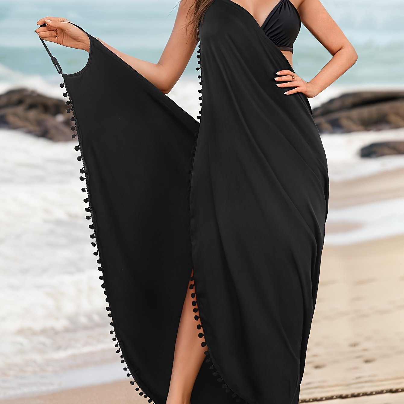 Maxi Beach Cover-Up Dress with Pom-Pom Decor V-Neck Backless Wrap Hem for Women