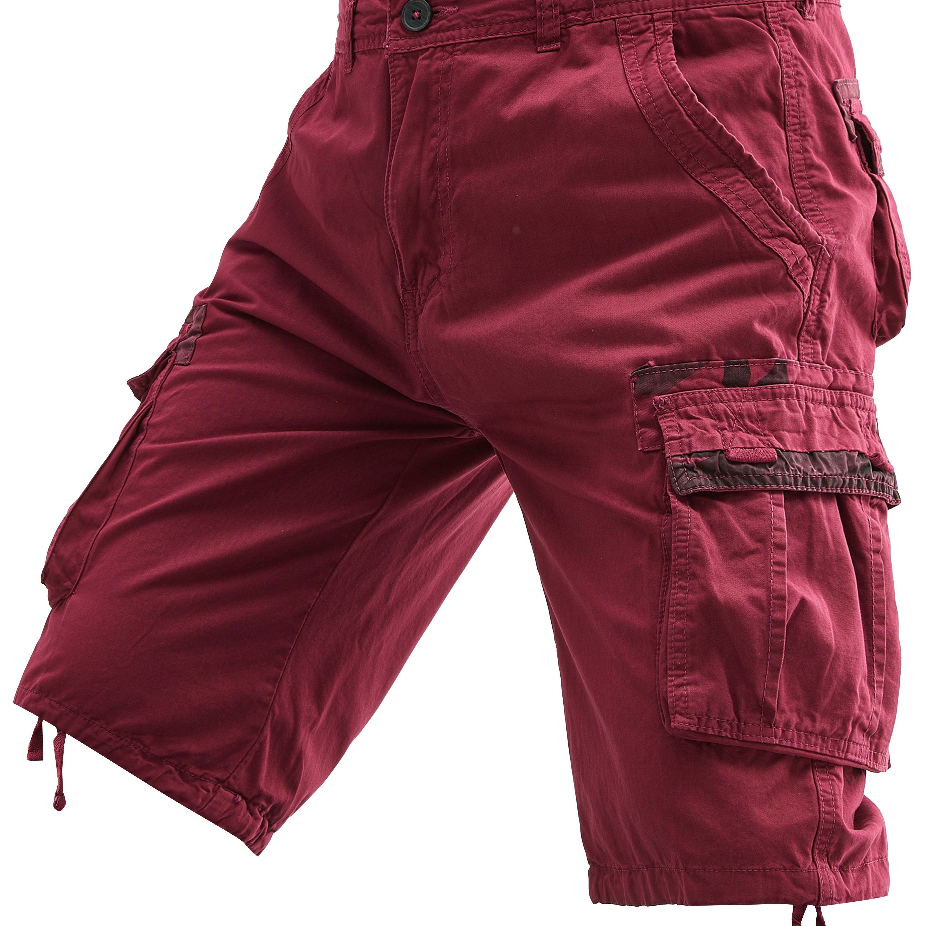 Erkaklar uchun ortiqcha kattalikdagi paxta yuk shortlari, cho'zilmaydigan, bir nechta cho'ntaklar, bir rangda, keng kesimda va to'qilgan mato.