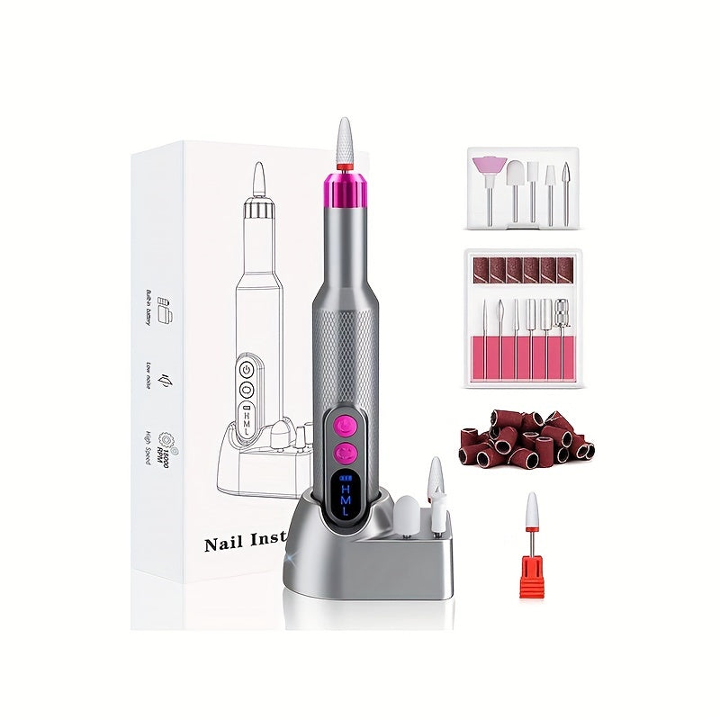 Cordless Electric Nail Drill Kit for Acrylic and Gel Nails with Multiple Grinding Heads for Professional and Home Use