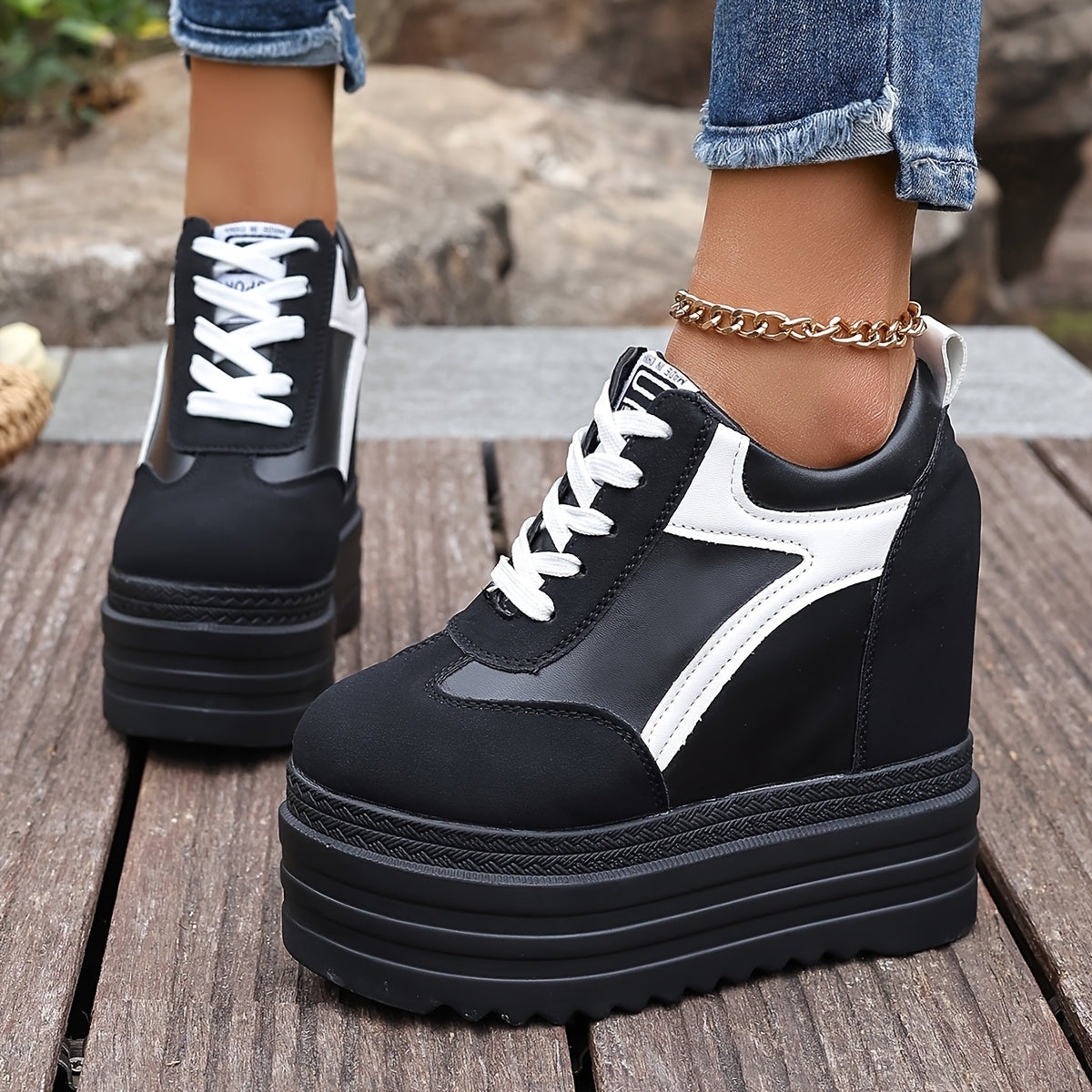 Women's Fashion Sneakers Casual Lace-Up Shoes with Thick Sole and High Heels