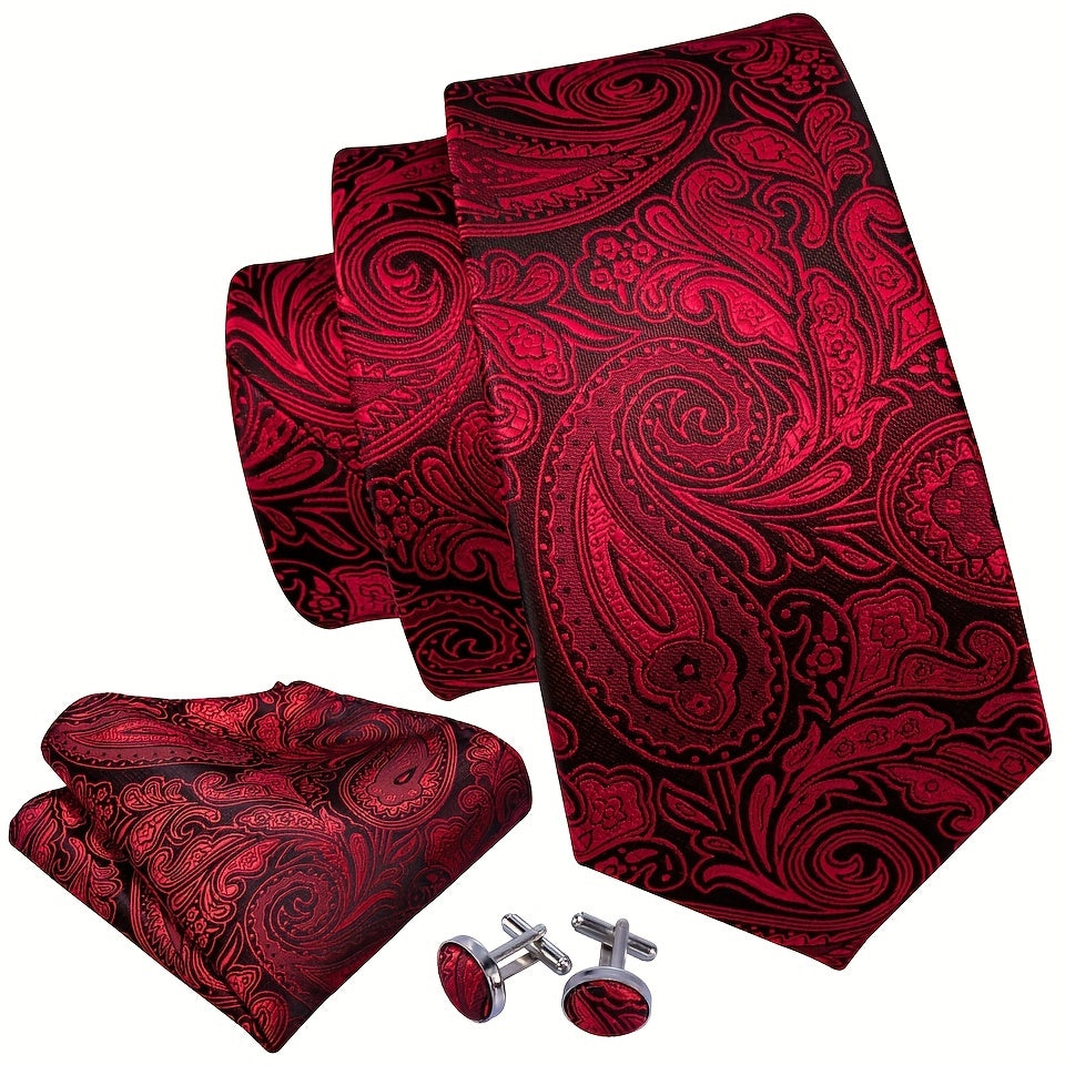 Elegant Men's Burgundy Red Paisley Tie Set including Pocket Square & Cufflinks - Made of Polyester, Woven in a Stylish Design for Formal Events & Weddings, Necktie and Accessories