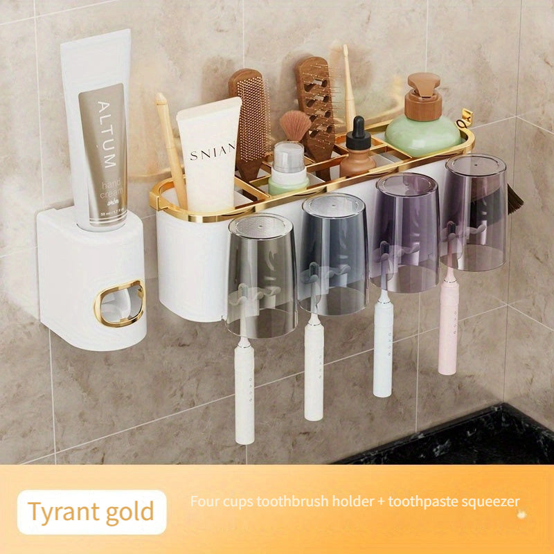 Wall-Mounted Plastic Toothbrush Holder with Toothpaste Squeezer Bathroom Organizer