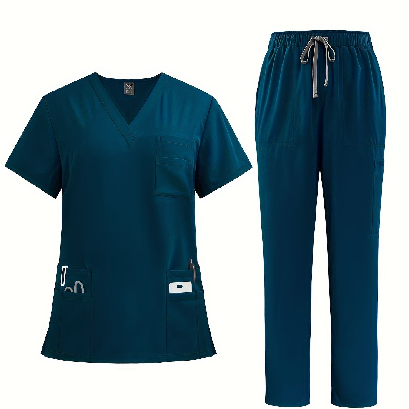 Polyester Spandex Scrubs Set with V-Neck Shirt and Straight-Leg Pants for Nurses and Surgeons
