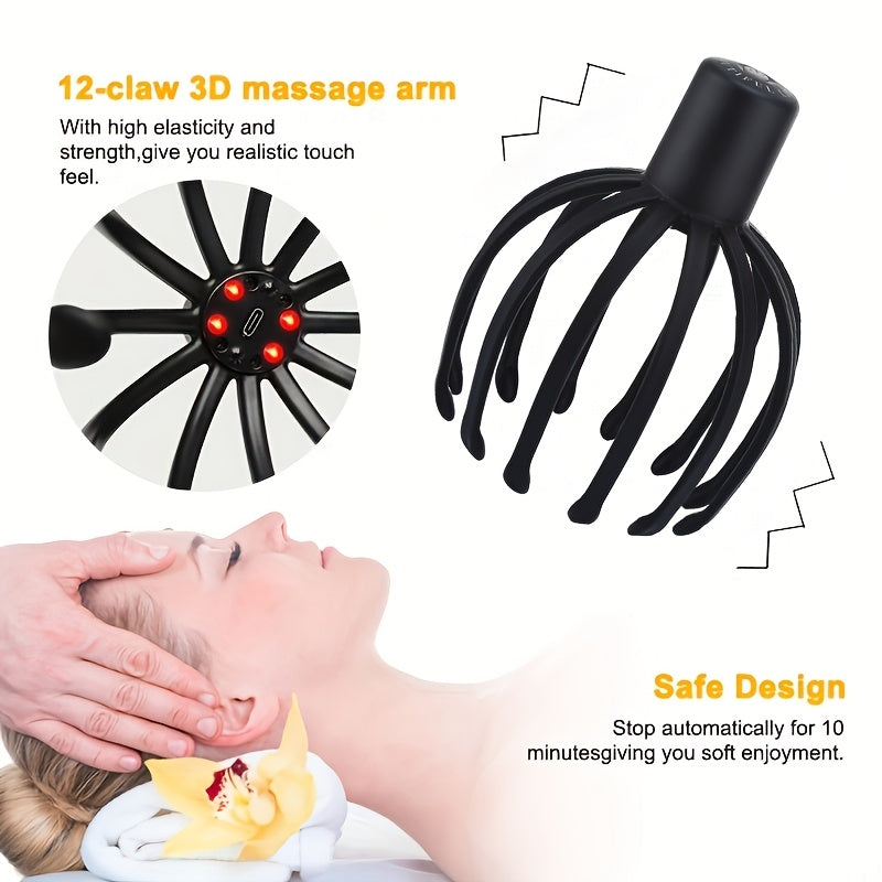 USB Rechargeable Head Massager with 360° Multi-Claw Vibration Deep Tissue Stimulator