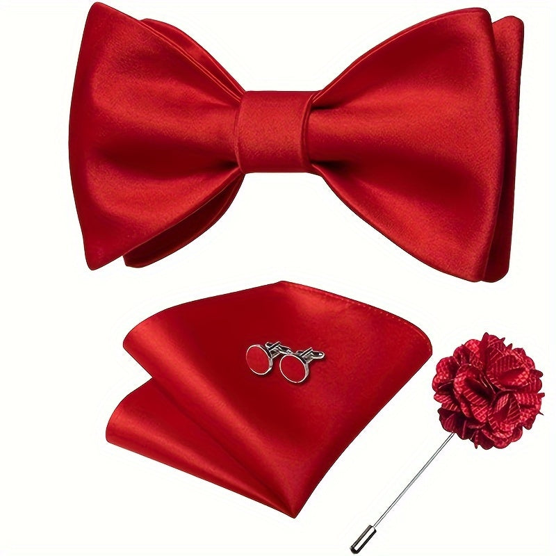Men's 4-Piece Suit Accessory Set Silk Bow Tie Flower Lapel Pin Cufflinks Handkerchief for Weddings