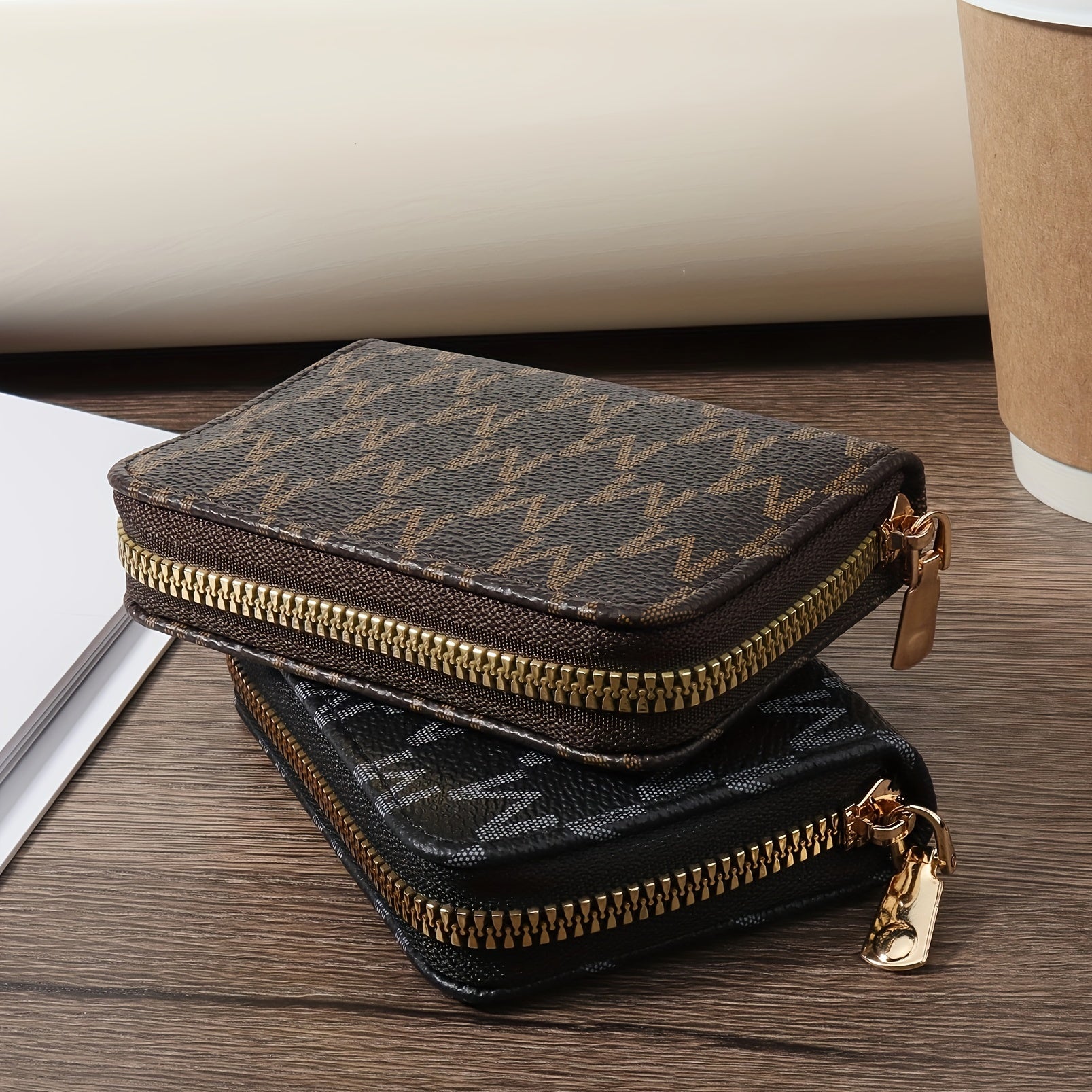 Synthetic Leather Credit Card Holder with Zipper Keys Cash Brown Black Herringbone