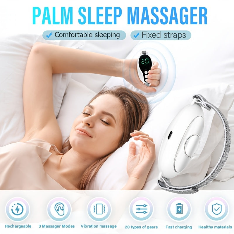 20 ta sozlanadigan rejimga ega mini palma uyqu massajchisi, USB Type-C orqali zaryadlanadigan, 36V ostida ishlaydigan, 150mAh litiy polimer batareyaga ega qo'l bilan ishlatiladigan vibratsiya qurilmasi.