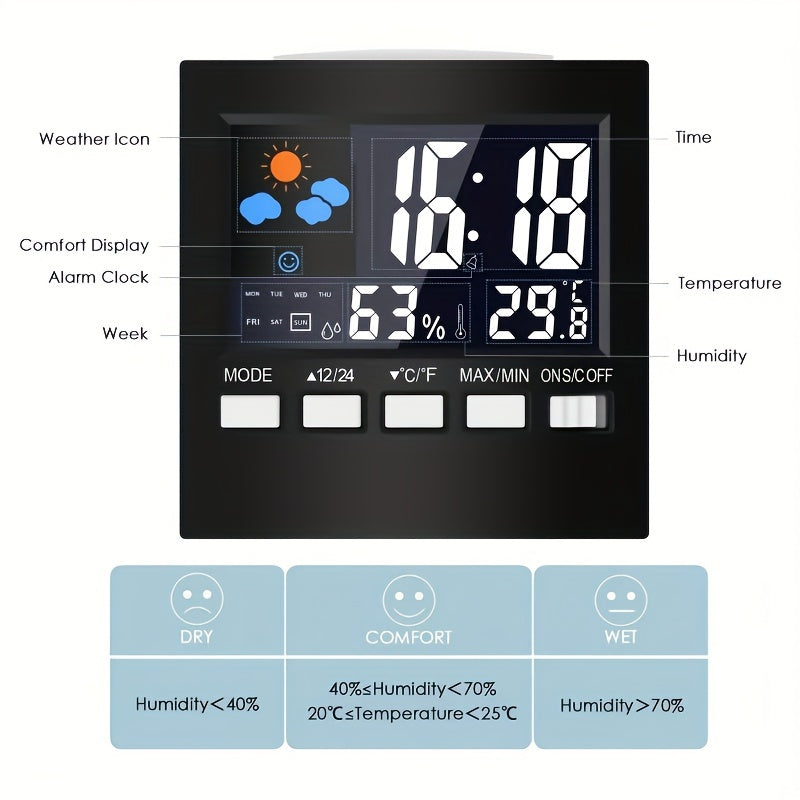 Digital Weather Station Indoor Temperature Humidity LCD Alarm Clock Calendar Voice Control Battery Powered