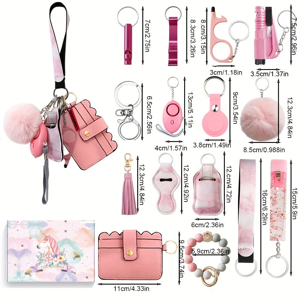 Women's 17-Piece Safety Keychain Set with Personal Alarm and Card Holder
