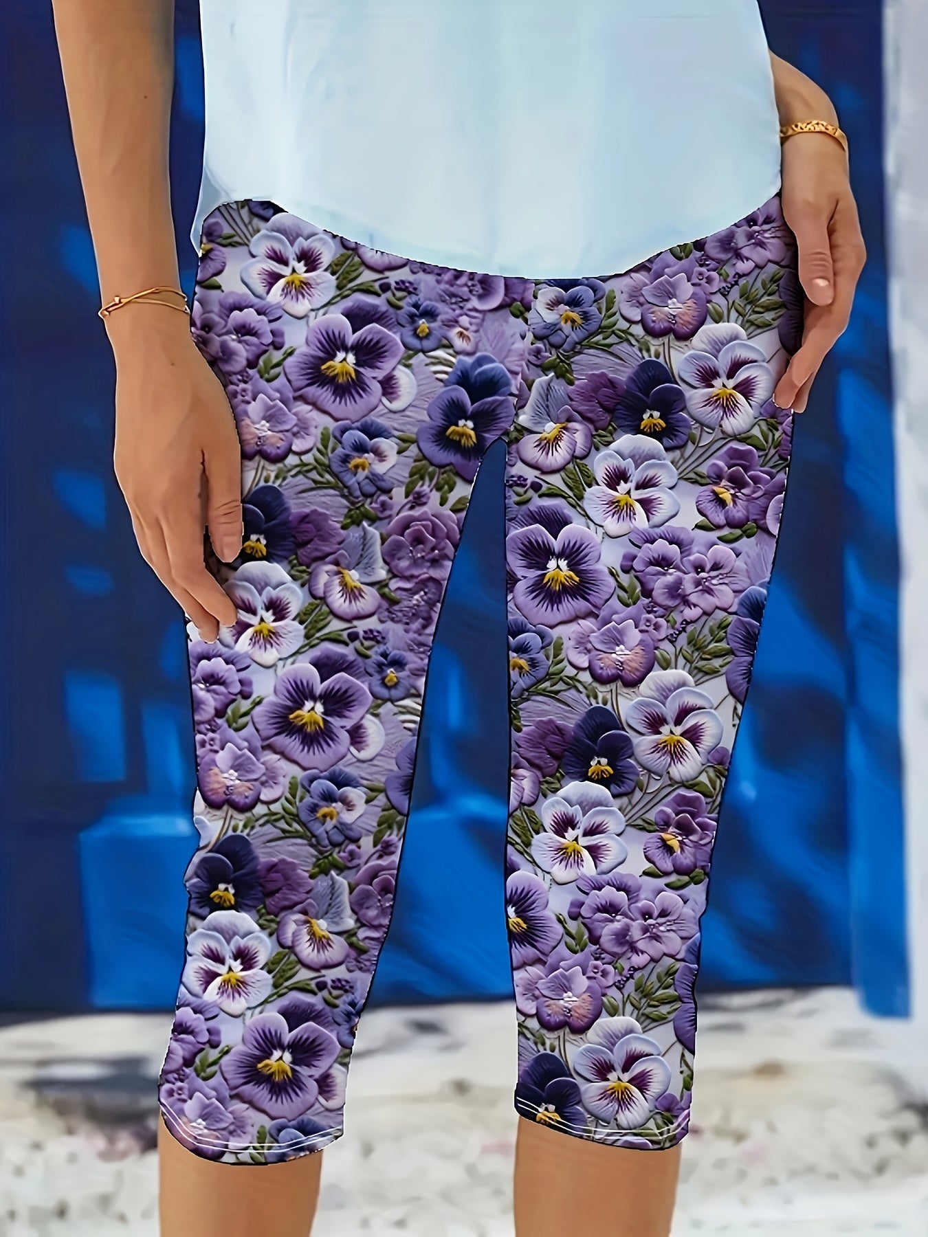 Plus Size Womens Floral Print Capri Leggings 2 Pack Stretchy Comfortable Purple Mid-Calf
