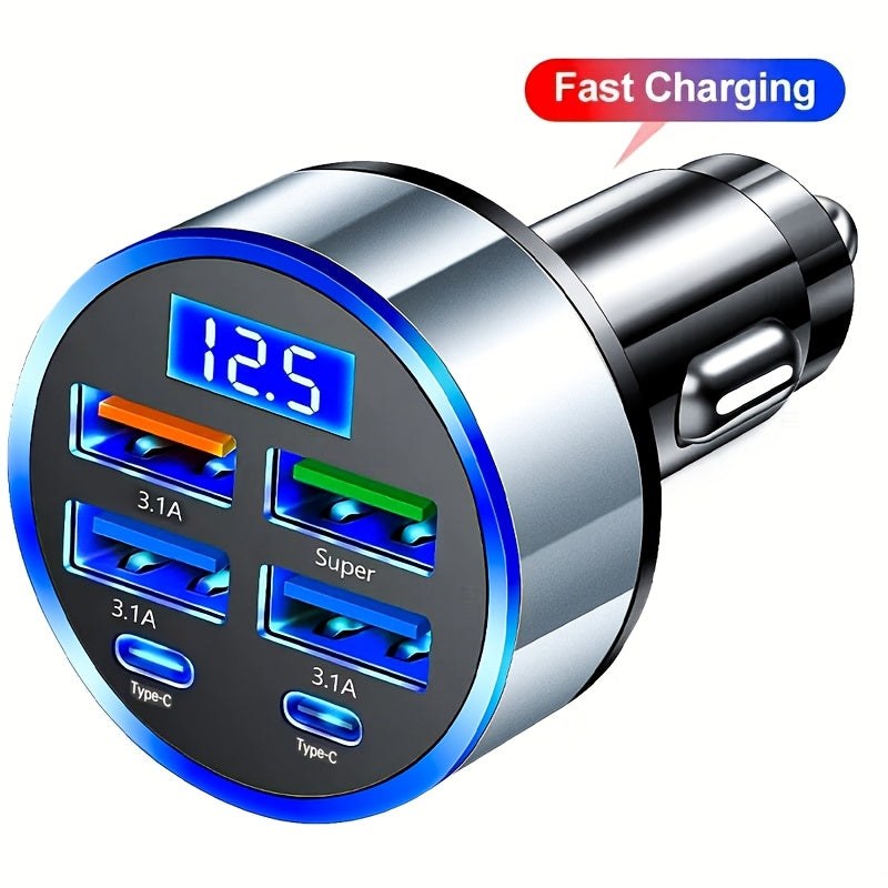 Ko‘p funksiyali avtomobil zaryadkasi 6-in-1 tez zaryadlash Ikki tomonlama Type-C raqamli displey