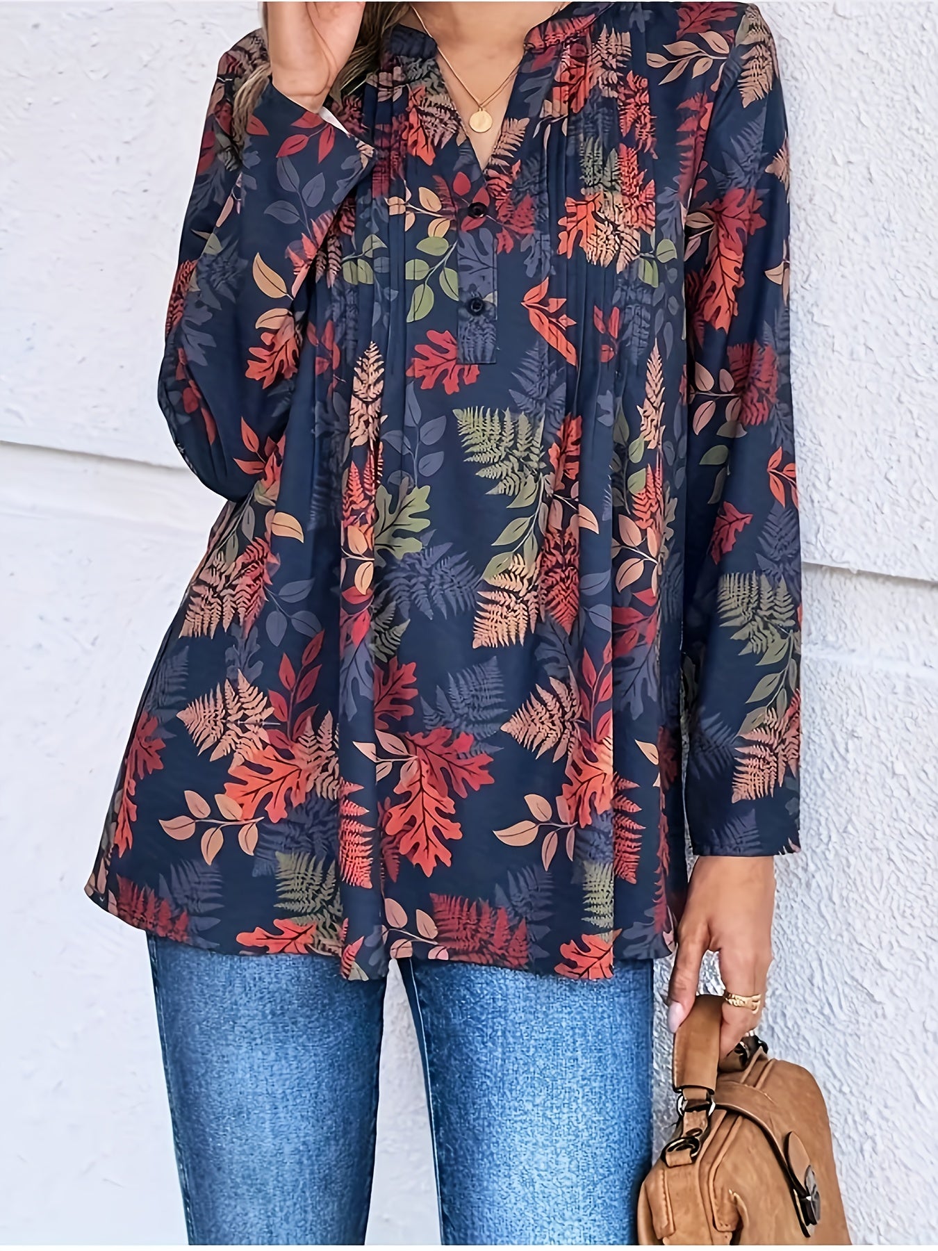 Women’s Polyester V-Neck Long Sleeve Blouse with Ruched Bust All-Season Casual Shirt