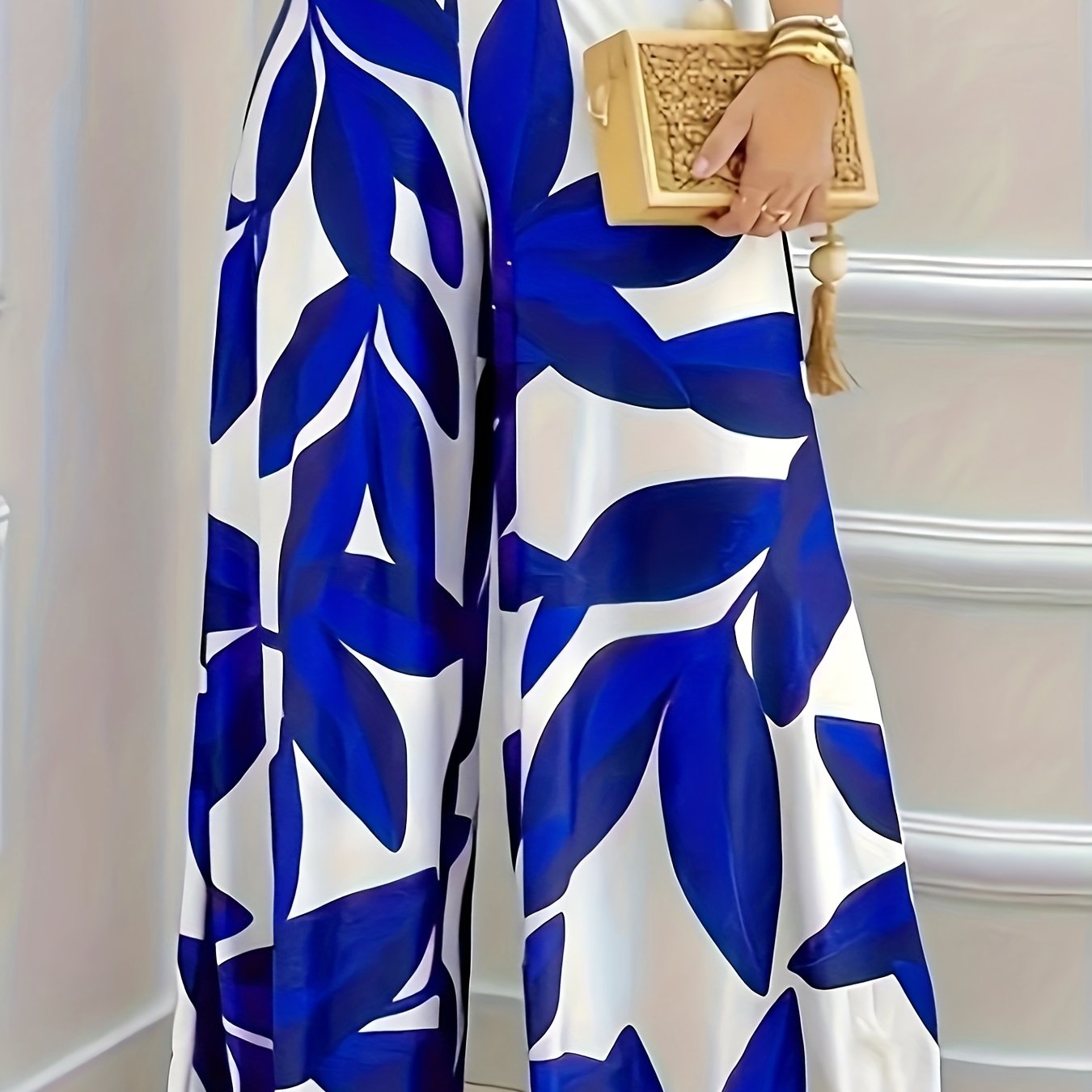 Women’s Polyester Wide Leg Pants with Blue and White Leaf Pattern for Casual or Vacation Wear