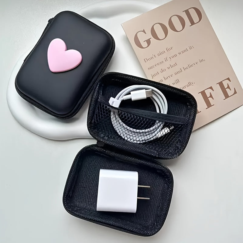 Estuche para auriculares y cargador de cuero PU en forma de corazón con cremallera y organizador de cables