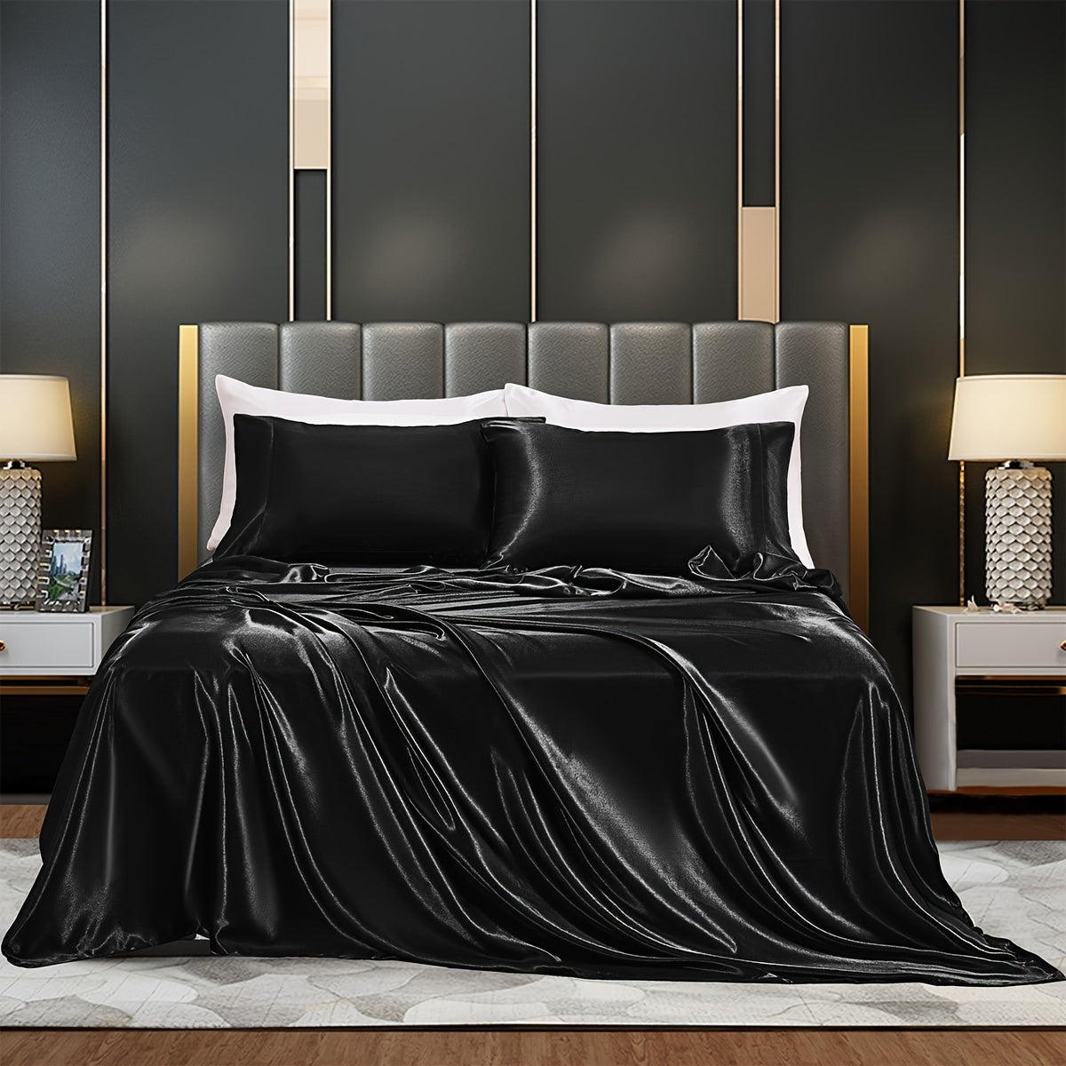 Satin Bed Sheets Set Fitted and Flat Sheets with Pillowcases for Bedroom