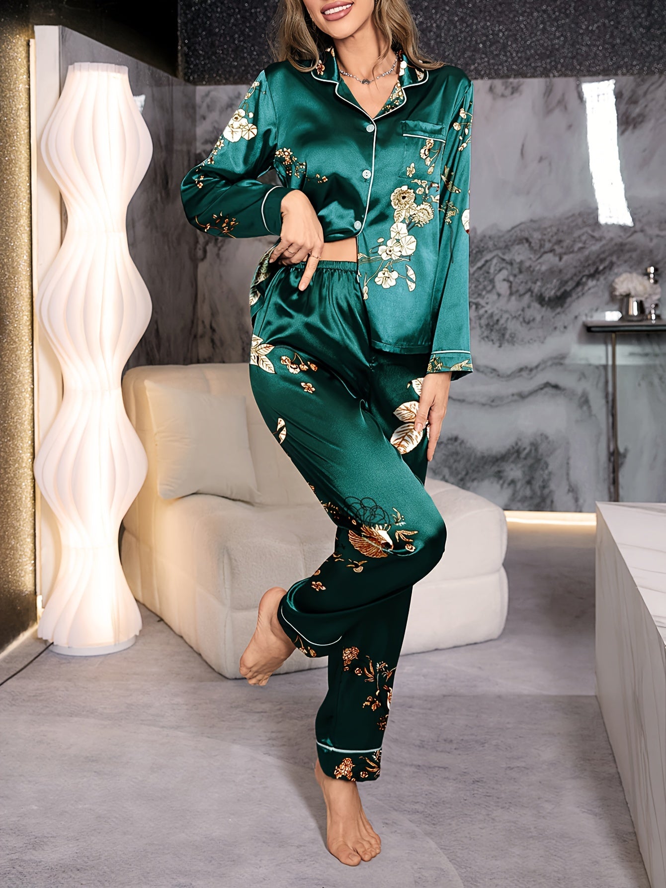 Women's Satin Floral Pajama Set with Long Sleeve Lapel Top and Pants