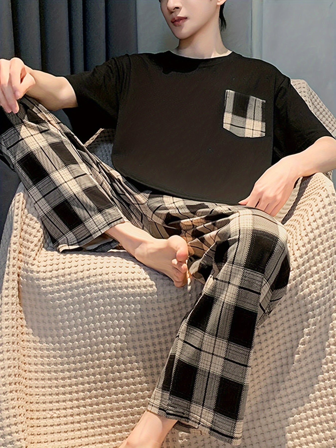 Men's Short Sleeve Plaid Pajama Set Polyester Casual Summer