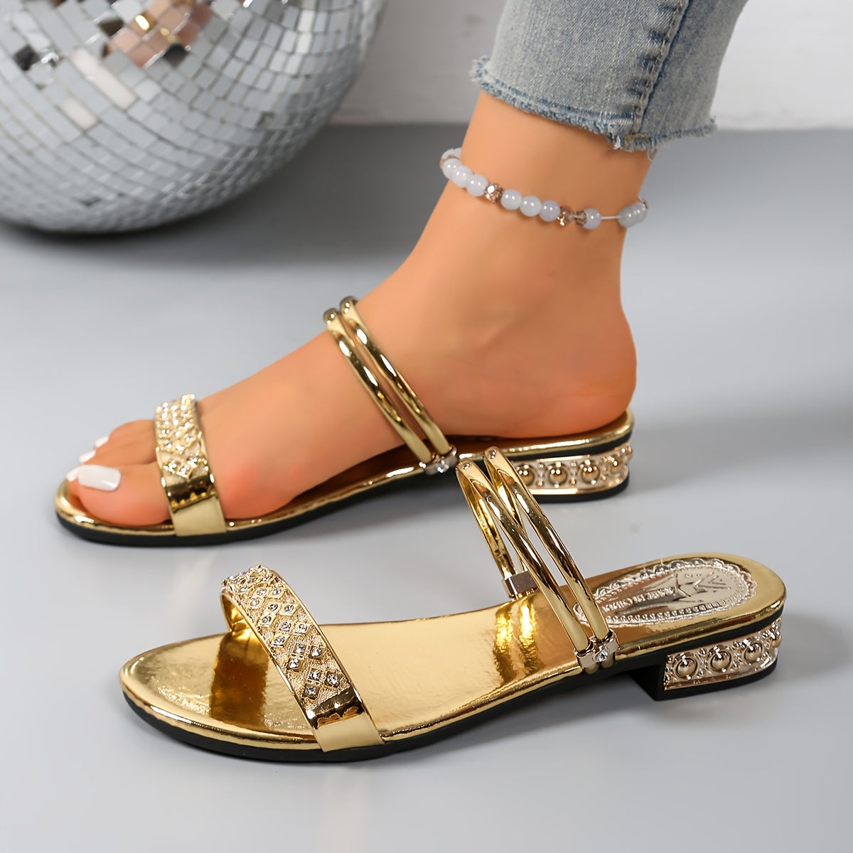 Women's Slip-On Flat Sandals with Crystals, Adjustable Strap, Low Heel