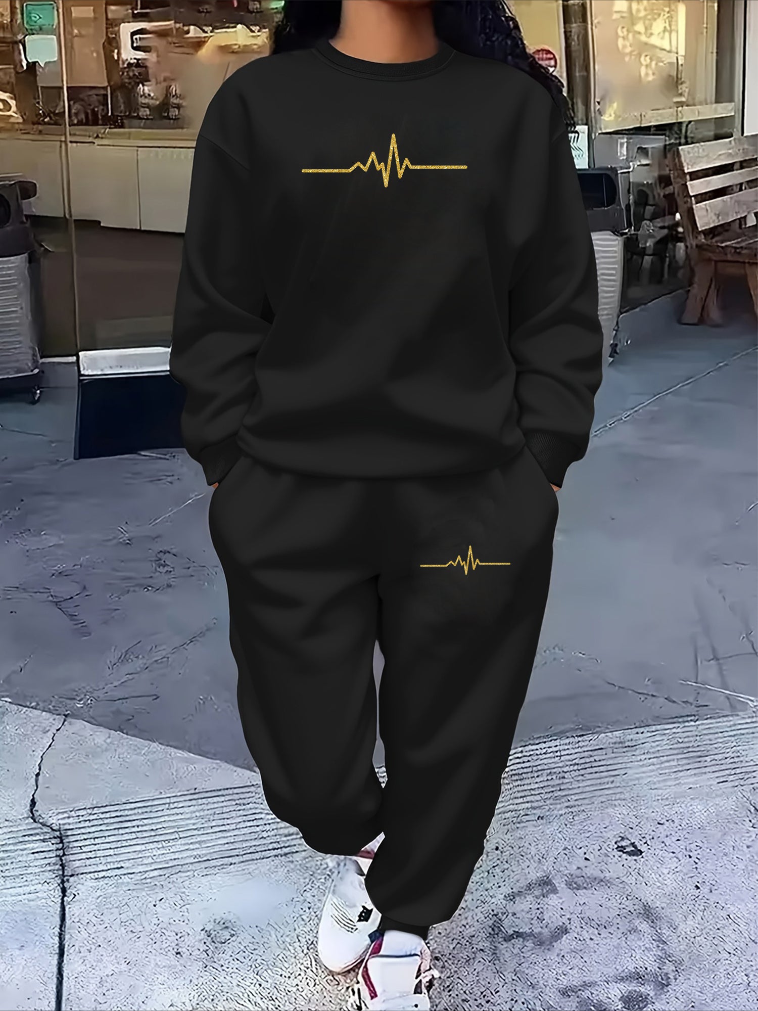 Plus Size Women's Fleece-Lined Sportswear Set Long Sleeve Jogger Outfit