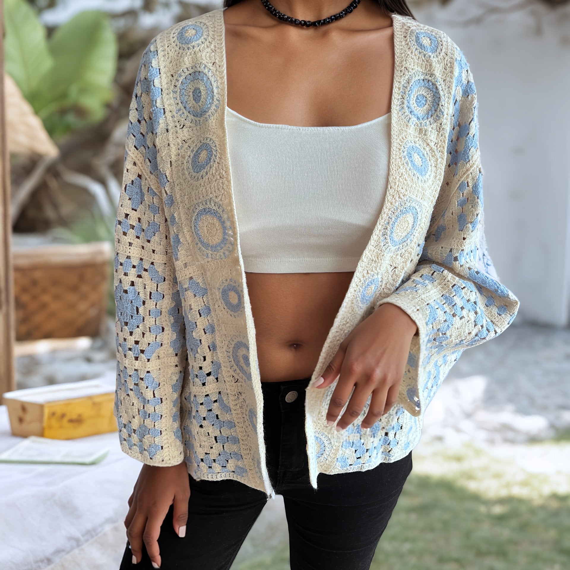 Cardigan bohemio para mujer de talla grande sin botones, suéter beige y azul, otoño e invierno, ropa casual en capas