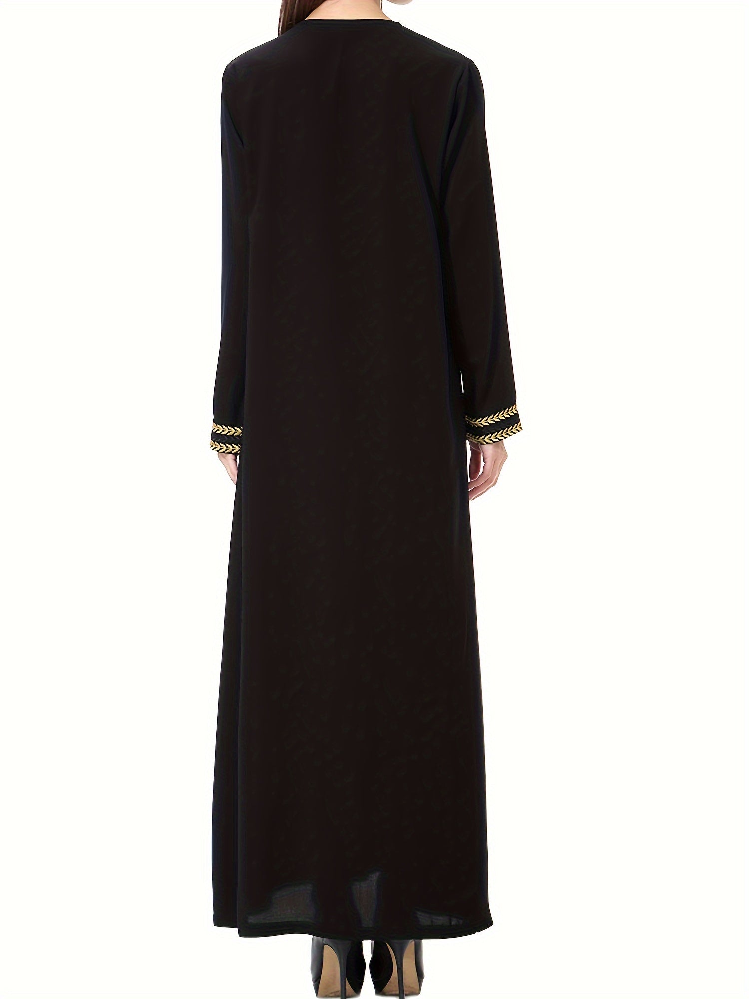 Modest Ramadan Dress with Golden Trim Long Sleeves Woven Polyester