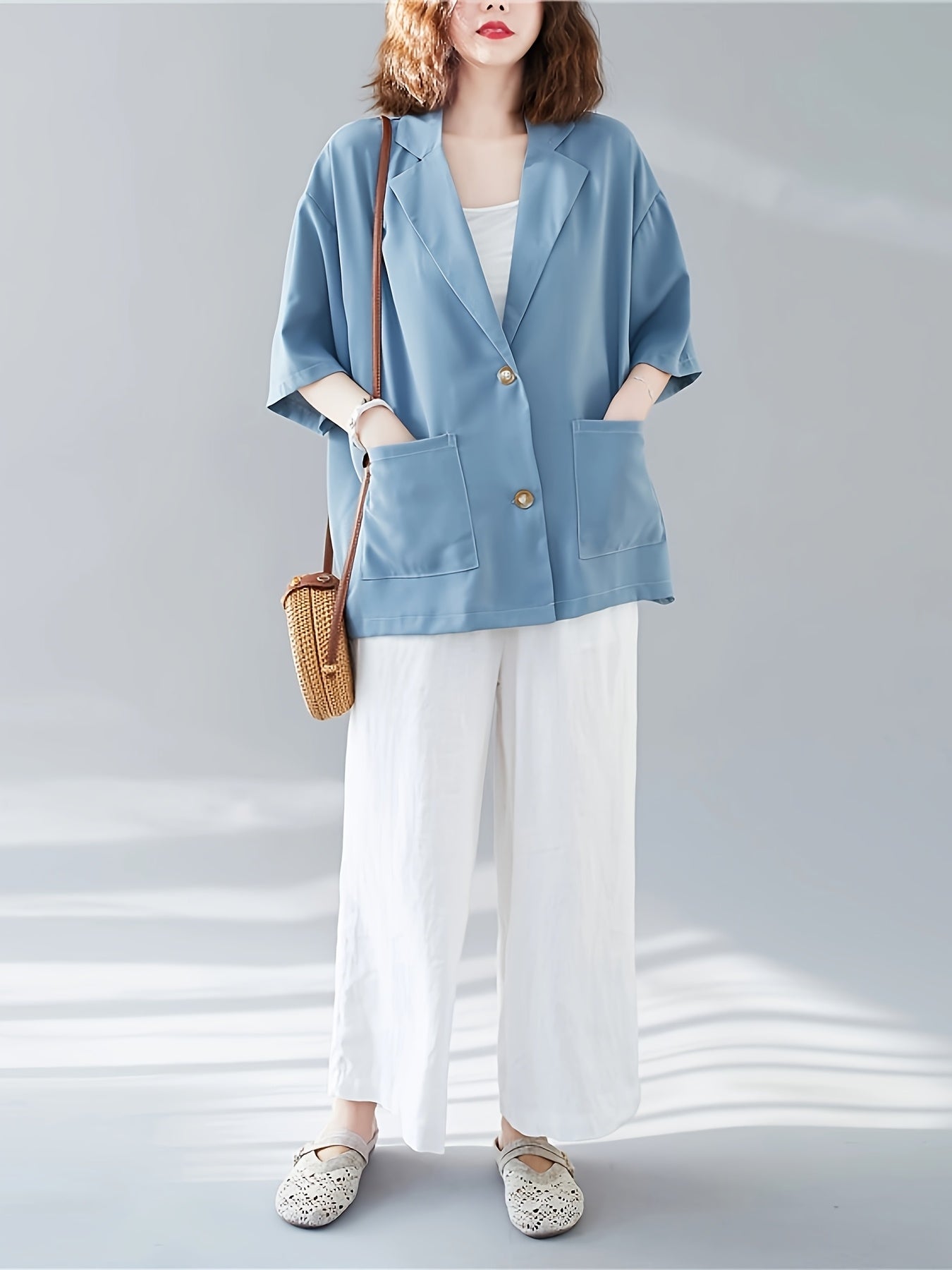 Women's Plus Size Light Blue Open Front Blazer Casual Long Sleeve Jacket